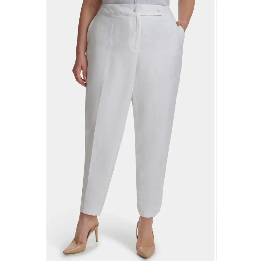 Calvin Klein Linen Tapered Ankle Dress Pants | Women Plus 20W, White NEW $109 - Picture 2 of 15